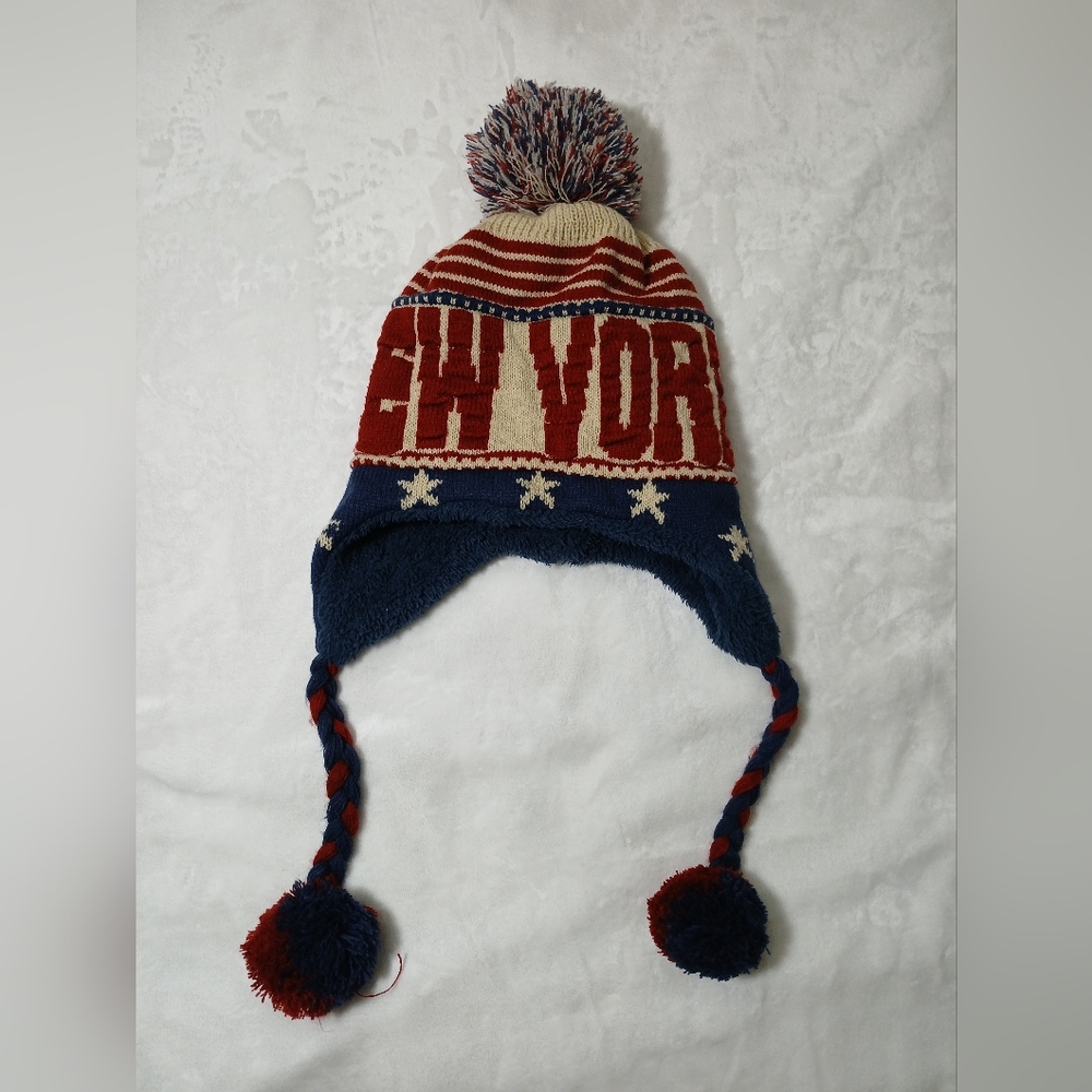 New York Faux Fur Trapper Hat Pom Pom Flag Red White Blue